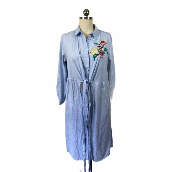 Zara Womens Shirt Maxi Duster Medium Blue Embroidered Floral Collared Tie Front - Picture 2 of 12